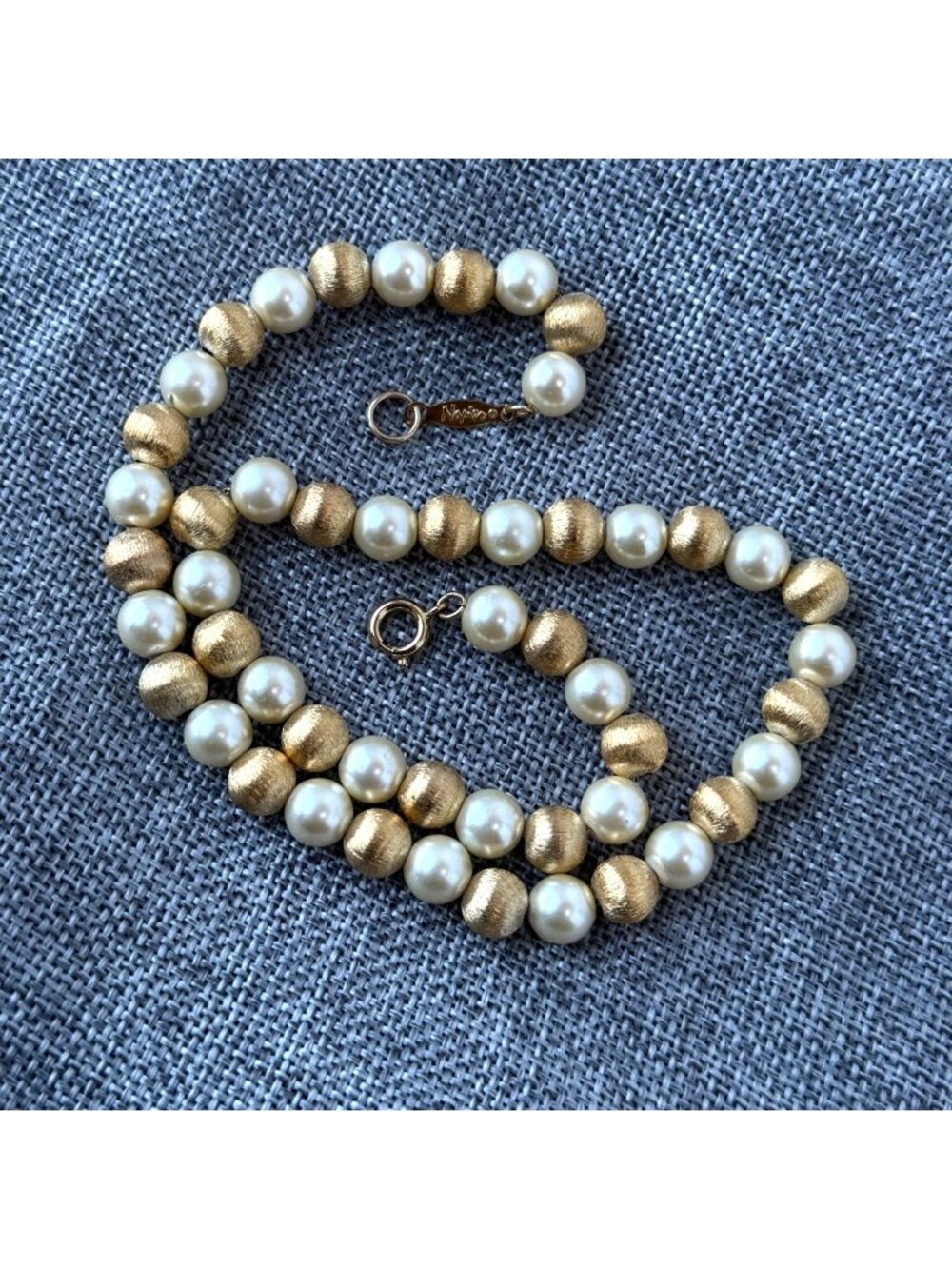 Vintage Signed Napier Gold-Tone and Cream Pearl Statement Necklace, Circa 1988